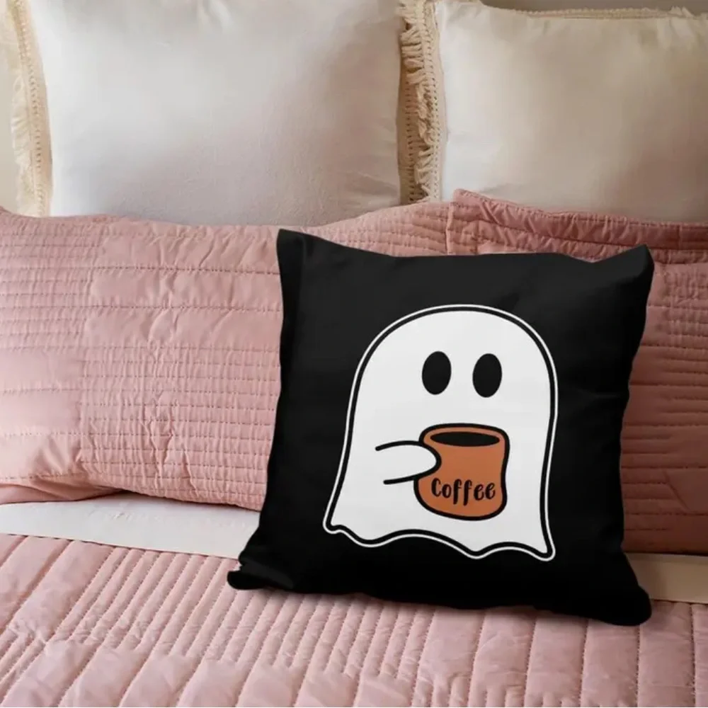 GHOST DRINKING COFFEE PILLOW COVER-NEW